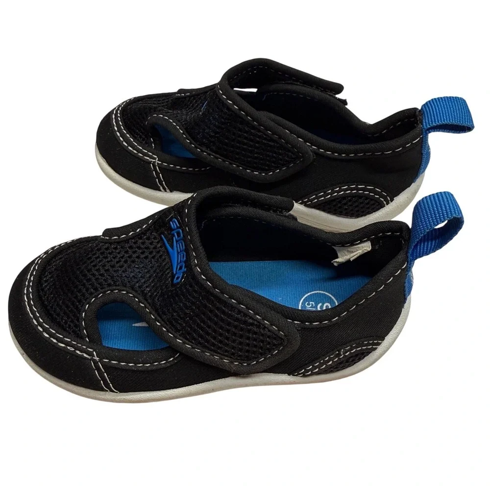 Speedo Toddler Mesh Water Shoes Black Blue Hook Loop Strap Size 5/6 Swim Beach